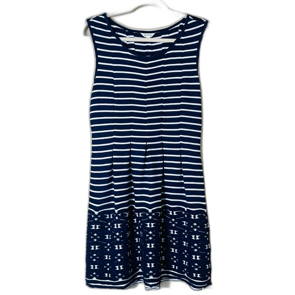 Max Studio Navy White Preppy Nautical Coastal Fit Flare Dress Eyelet Large